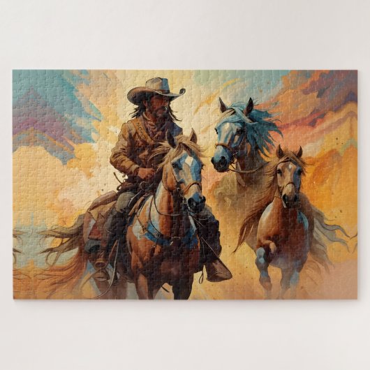 Cowboy Western Paarden blauw Tan Collage Legpuzzel (Horizontaal)