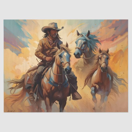 Cowboy Western Paarden blauw Tan Collage Tissuepapier (Voorkant)