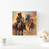 Cowboy Western Paarden blauw Tan Collage Vierkante Klok (Huis)