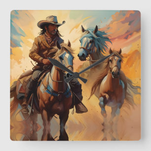 Cowboy Western Paarden blauw Tan Collage Vierkante Klok