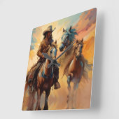 Cowboy Western Paarden blauw Tan Collage Vierkante Klok (Hoek)