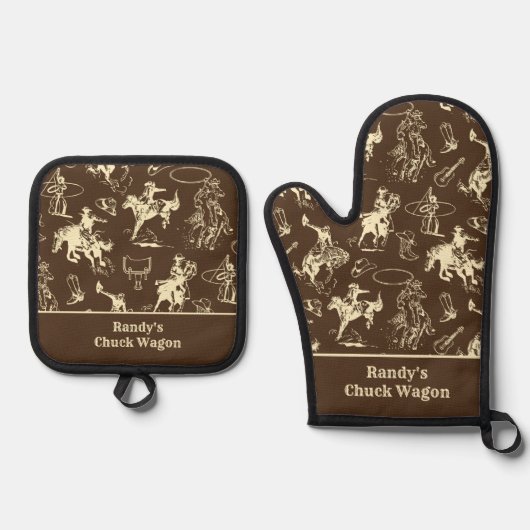 Cowboy Western Rodeo gepersonaliseerd Ovenwant & Pannenlap Set (Voorkant)
