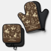 Cowboy Western Rodeo gepersonaliseerd Ovenwant & Pannenlap Set (Voorkant / Achterkant)