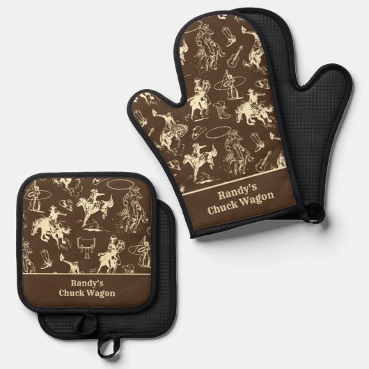 Cowboy Western Rodeo gepersonaliseerd Ovenwant & Pannenlap Set (Voorkant / Achterkant)