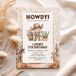 Cowboy Western Rodeo Kids Verjaardagsuitnodigingen Kaart<br><div class="desc">Rustieke westerne kinderverjaardagsuitnodigingen met feestconfetti,  dessertlandschap met paarden,  een schattige cowboy en een moderne sjabloon die gemakkelijk te personaliseren is.</div>