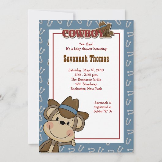 Cowboy Westerne aap 5x7 Baby shower uitnodiging (Voorkant)