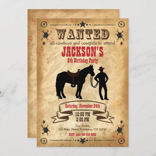 Cowboy Westerne uitnodiging van de Dag / Gezocht P (Voorkant / Achterkant)