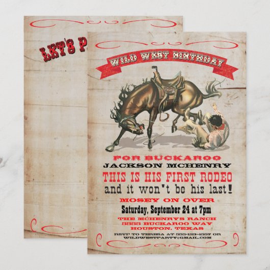 Cowboy Westerne uitnodigingen van de eerste verjaa (Voorkant / Achterkant)