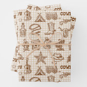 Cowboy Westerne verjaardagsfeestje Gingham Inpakpapier Vel (In situ)