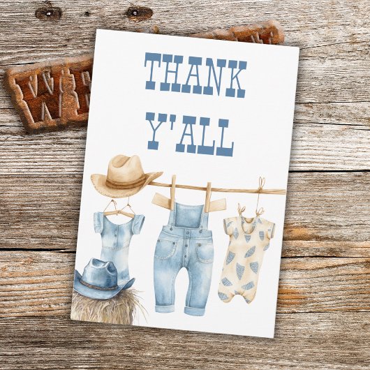 Cowboy Westerne waslijn Blue Boy Baby shower Bedankkaart