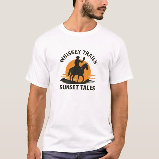 Cowboy Whiskey Trails Ontwerp bij Zonsondergang T-shirt (Voorkant)