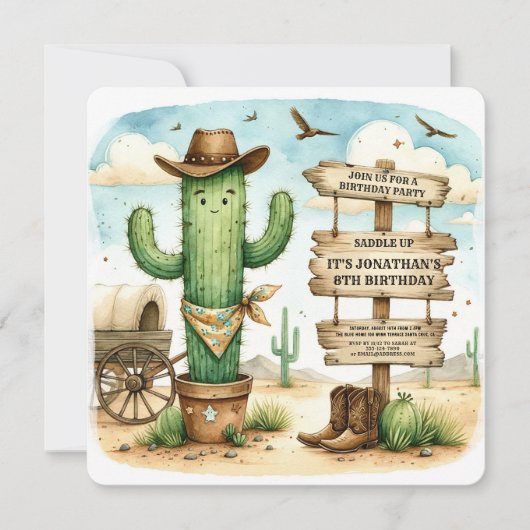 Cowboy Wild Western Cactus Verjaardagsfeest Kaart (Voorkant)