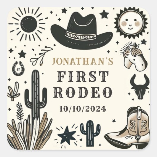 Cowboy Wild Western Eerste Rodeo Eerste Verjaardag Vierkante Sticker (Voorkant)