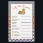 Cowboy Word Scramble Baby shower Game Flyer<br><div class="desc">Dit baby shower gameontwerp biedt cowboylaarzen en een cowboy-pet op een gingham- en paisleachtergrond. Het collectie van de coördinatie van producten is te vinden in onze winkel, zazzle.com/doodlelulu*. Neem contact met ons op als je dit ontwerp op een specifiek product wilt toepassen om je eigen unieke overeenkomende object te creëer!...</div>