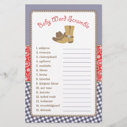 Cowboy Word Scramble Baby shower Game Flyer (Voorkant)