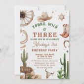 Cowboy Young Wild & Three Birthday Invitation Kaart (Voorkant)