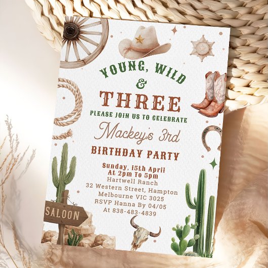 Cowboy Young Wild & Three Birthday Invitation Kaart