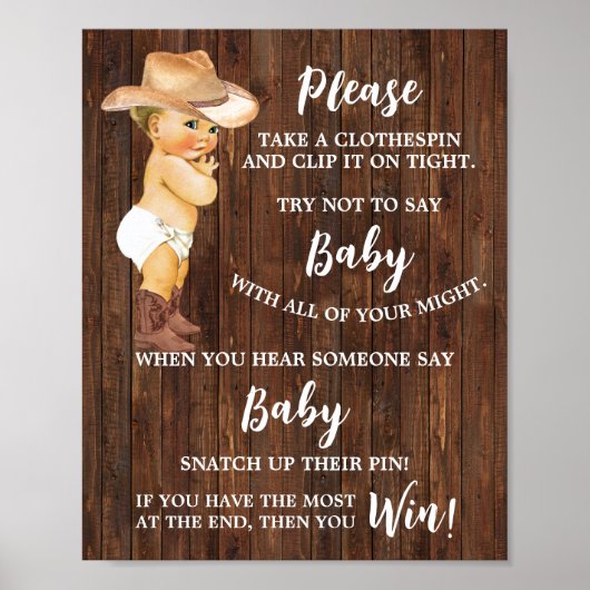 Cowboy zeg niet Baby Clothespin Baby shower Game Poster (Voorkant)