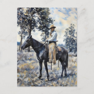 cowboy zittend op paard schilderij western art briefkaart