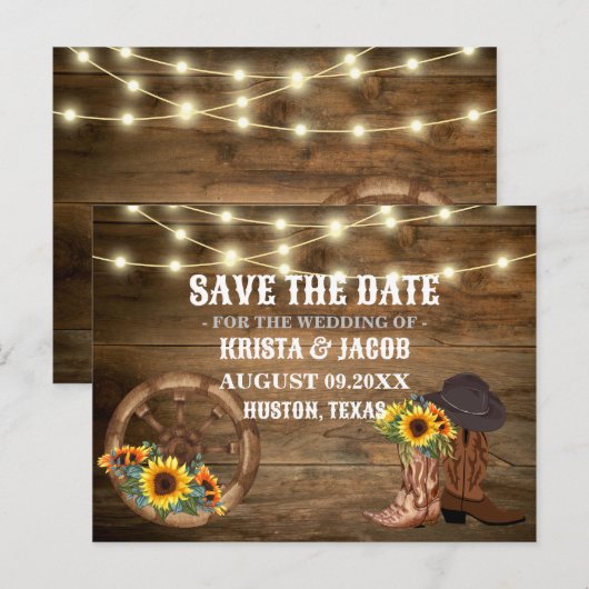 Cowboy Zonnebloem Western Bruiloft Save The Date Briefkaart (Voorkant / Achterkant)