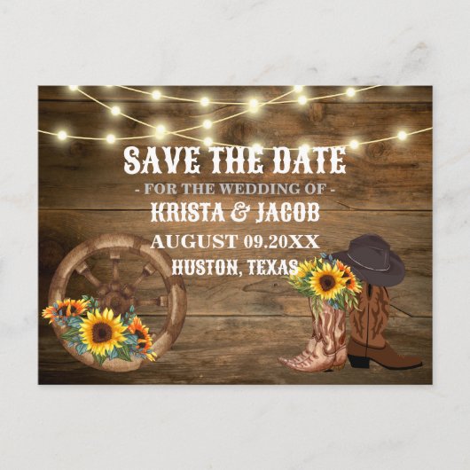 Cowboy Zonnebloem Western Bruiloft Save The Date Briefkaart (Voorkant)