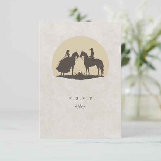 Cowboy zonsondergang maaltijd keuzes bruiloft RSVP (Staand voorkant)