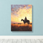 Cowboy Zonsondergang Rit Silhouet Schilderij Canvas Afdruk (Insitu (Houten vloer))
