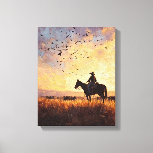 Cowboy Zonsondergang Rit Silhouet Schilderij Canvas Afdruk (Voorkant)