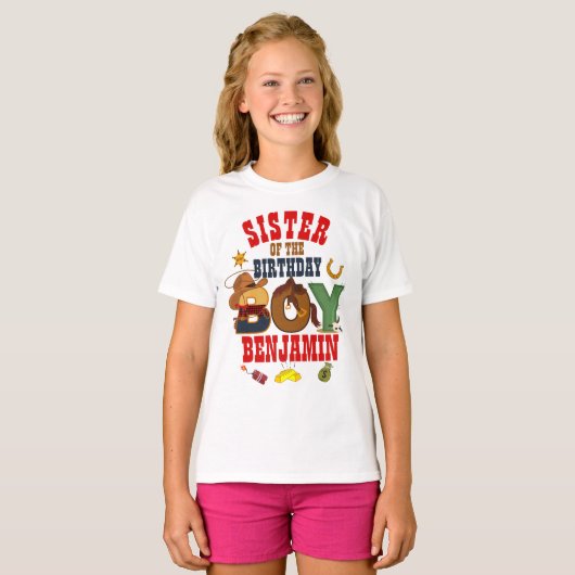 Cowboy zuster van de Birthday Boy T-shirt (Voorkant volledig)