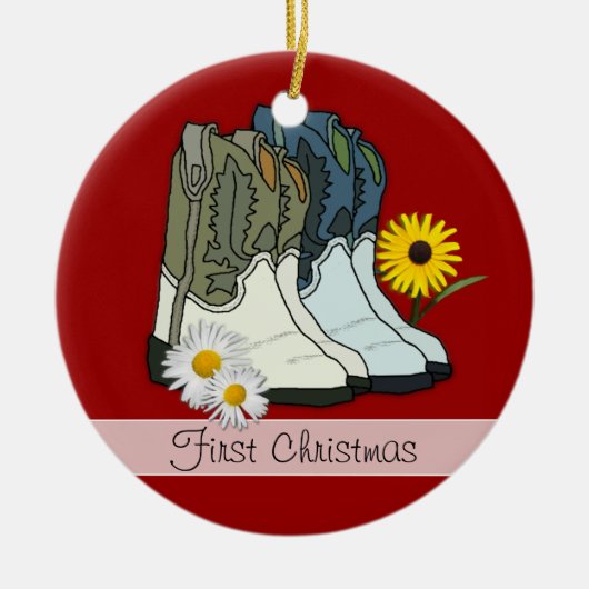 Cowboylaarzen, eerste kerst aangepaste kerstbal keramisch ornament (Voorkant)