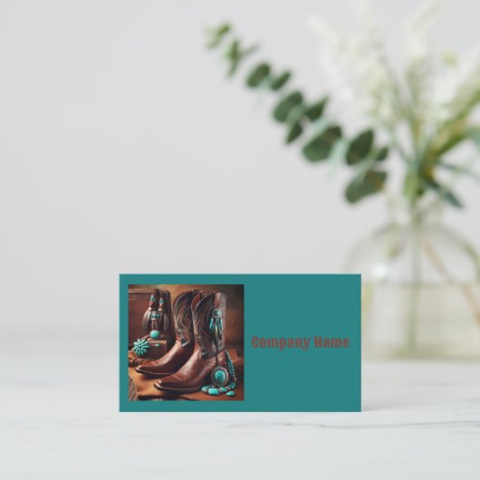 Cowboylaarzen en turquoise sieraden (Blauwgroen) Visitekaartje (Staand voorkant)