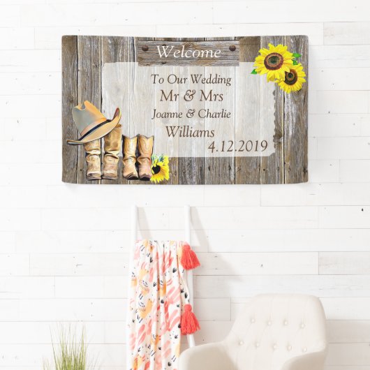 Cowboylaarzen en zonnebloem bruiloft spandoek (Insitu)