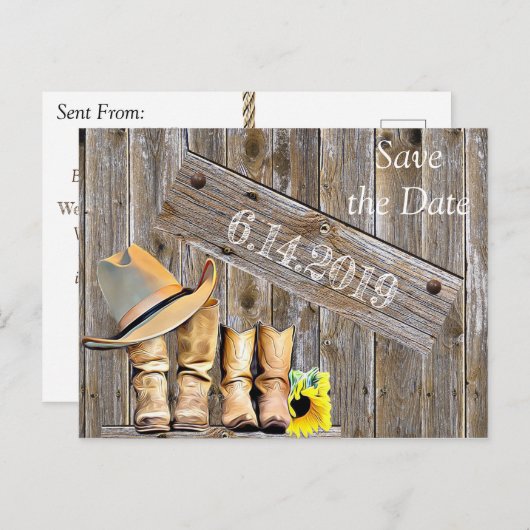 Cowboylaarzen en zonnebloemen redden de datum van  briefkaart (Voorkant / Achterkant)