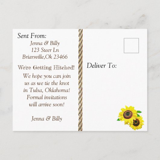 Cowboylaarzen en zonnebloemen redden de datum van  briefkaart (Achterkant)