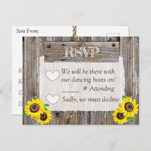 Cowboylaarzen en zonnebloemen RSVP bruiloft Aankondigingskaart (Voorkant / Achterkant)