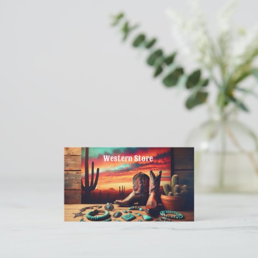 Cowboylaarzen en zuidwestelijke sieraden met cactu visitekaartje (Staand voorkant)