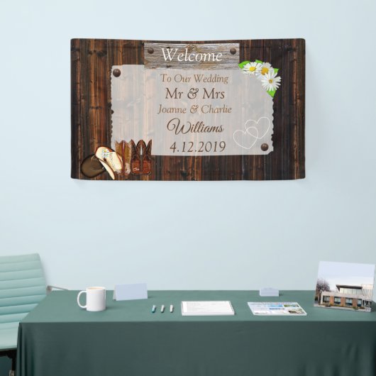 Cowboylaarzen, hoeden en madeliefjes bruiloft spandoek (Beurs)