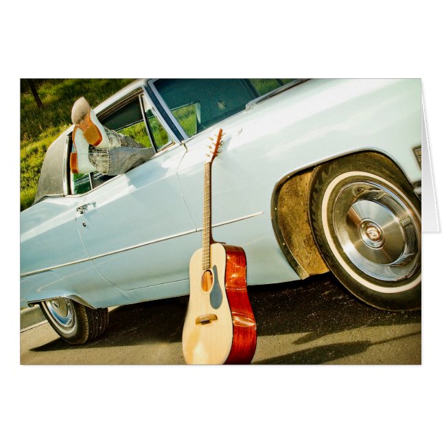 Cowboylaarzen in auto-ruit en gitaar Western kaart (Voorkant Horizontaal)