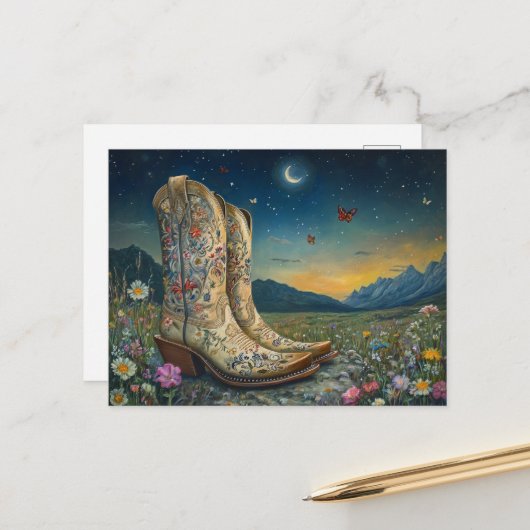 Cowboylaarzen in de weide briefkaart (Voorkant / Achterkant in situ)