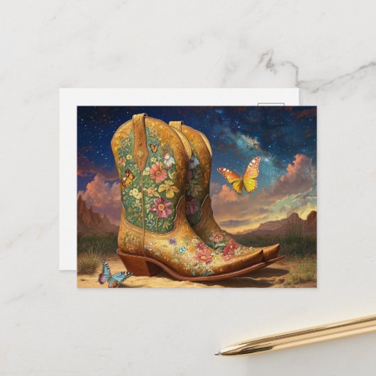 Cowboylaarzen in de weide briefkaart (Voorkant / Achterkant in situ)