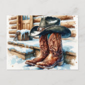 Cowboylaarzen op de veranda op een winterdag feestdagenkaart (Voorkant)
