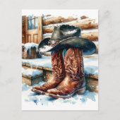 Cowboylaarzen op de veranda op een winterdag feestdagenkaart (Voorkant)