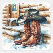 Cowboylaarzen op de veranda op een winterdag vierkante sticker (Voorkant)