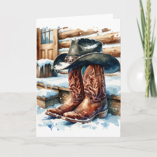 Cowboylaarzen op de voorveranda op een winterdag kaart (Voorkant)