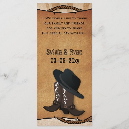 cowboylaarzen western gepersonaliseerde menukaarte menu (Achterkant)