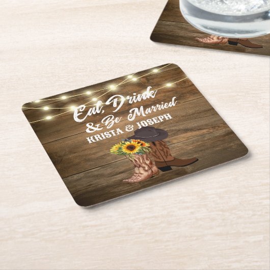 Cowboylaarzen Zonnebloem Westerne huwelijksgunst Kartonnen Onderzetters (Schuin)