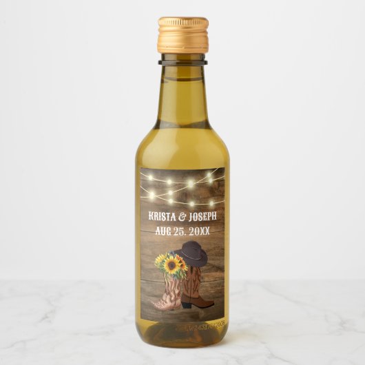 Cowboylaarzen Zonnebloem Westerne huwelijksgunst Wijn Etiket (Voorkant)