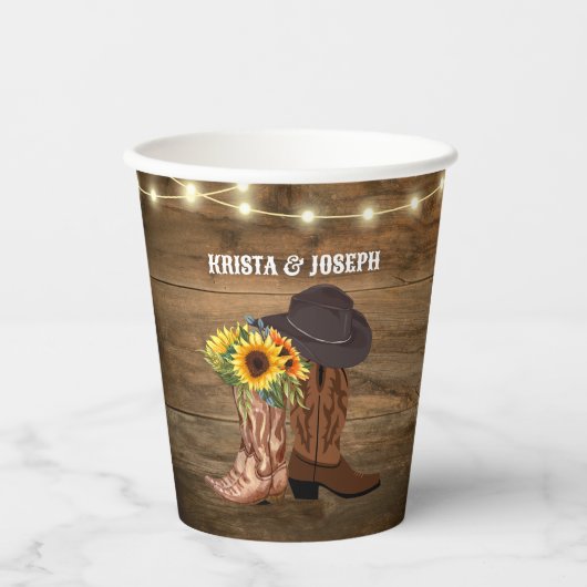 Cowboylaarzen Zonnebloem Westerse Bruiloft Papieren Bekers (Voorkant)