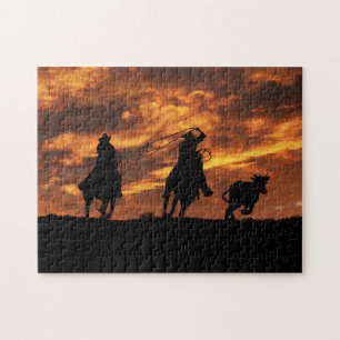 Cowboys aan het rennen bij Sunset Rustic Legpuzzel