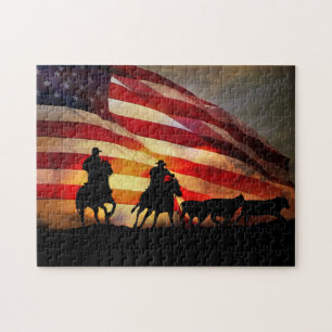 Cowboys and Horses Cattle Up with Flag Legpuzzel